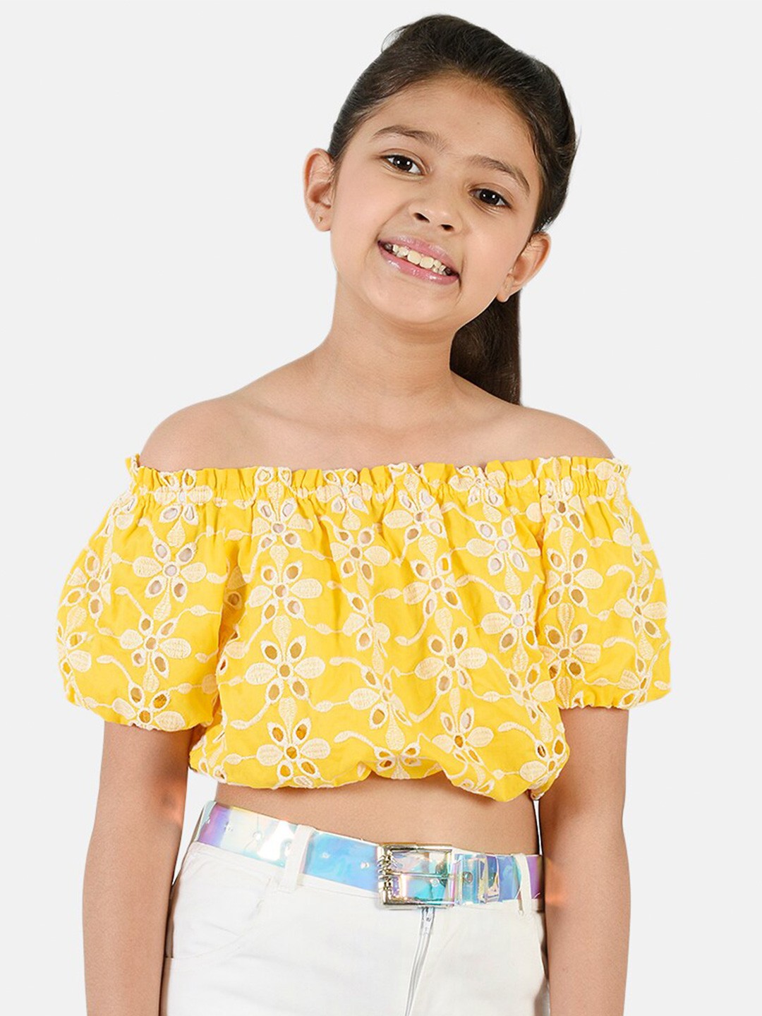 

Natilene Yellow Floral Print Off-Shoulder Schiffli Bardot Crop Top