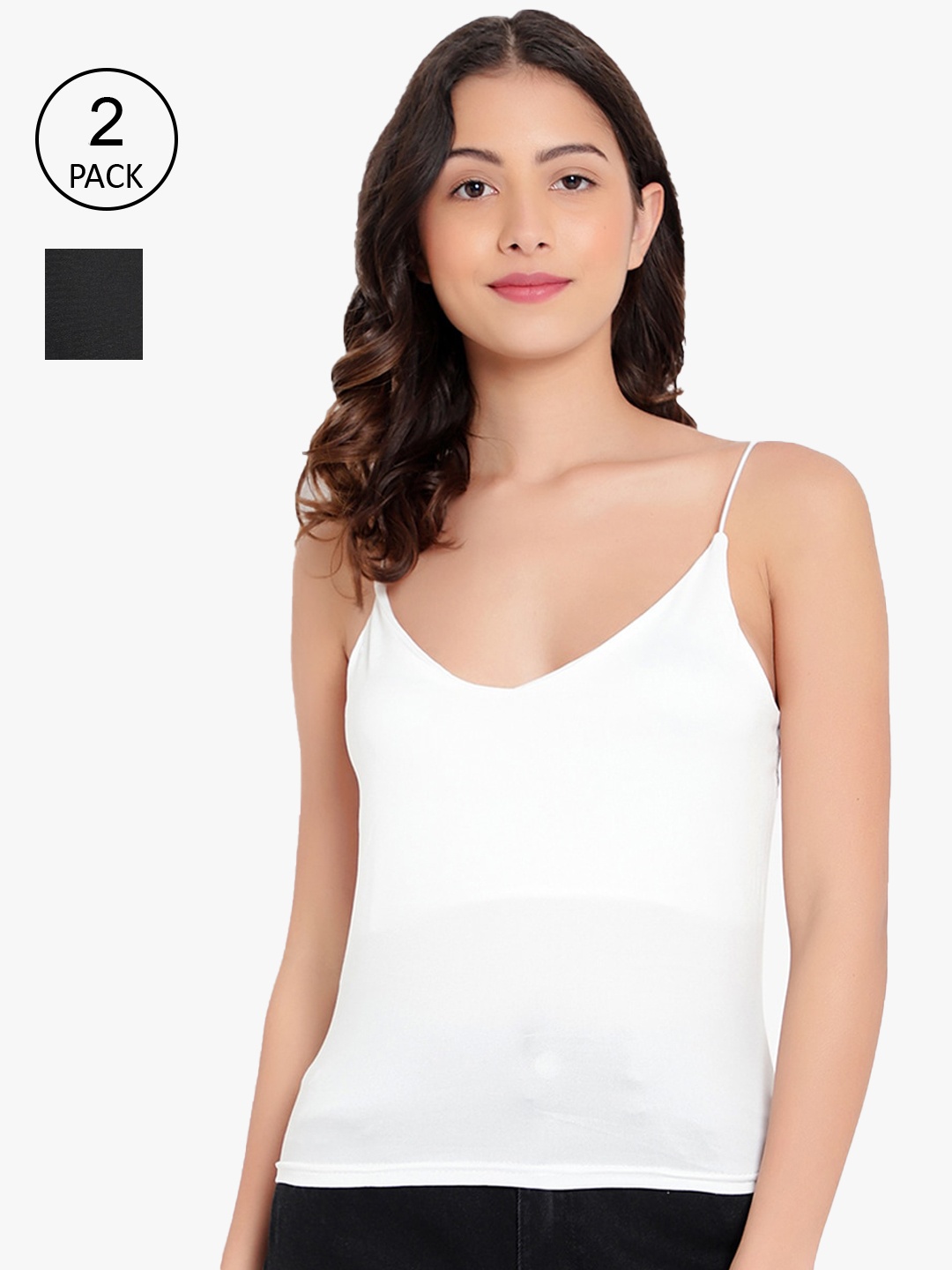 

PARKHA Women Pack Of 2 Solid Thin Strap V-Neck Cotton Camisoles, Multi