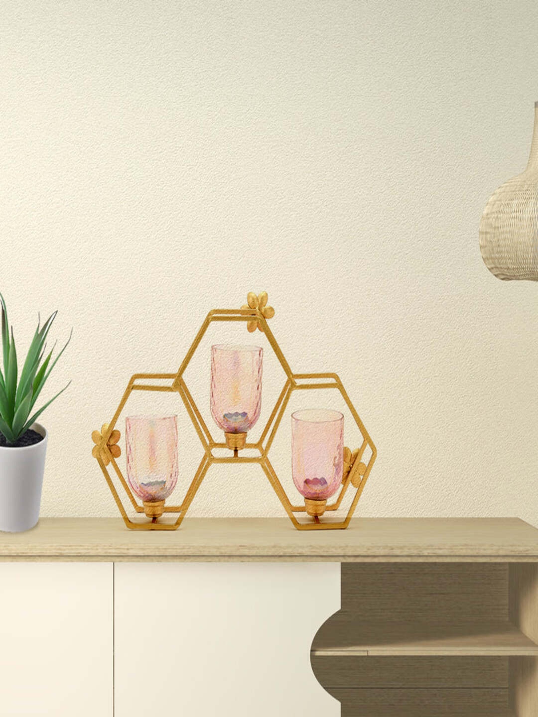 

Athome by Nilkamal Pink & Gold Solid Trio Candle Holders