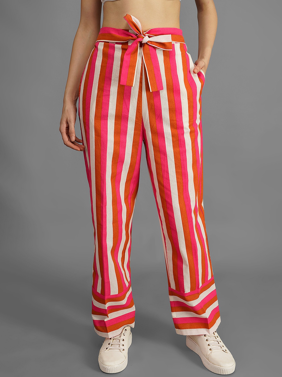 

Orchid Blues Women Pink Striped Relaxed Flared High-Rise Trousers