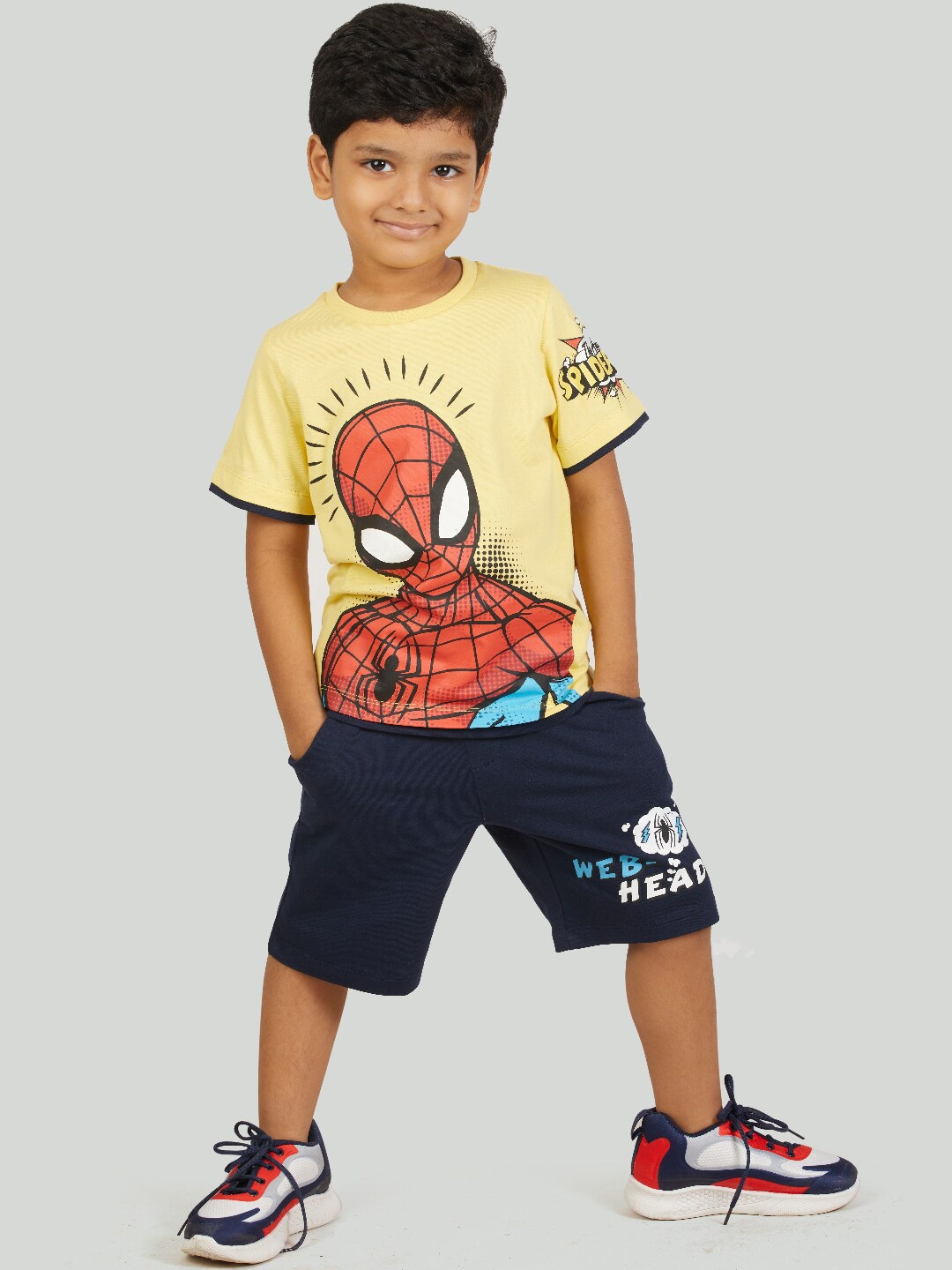 

Zalio Boys Yellow & Navy Blue Spiderman Printed T-shirt with Shorts