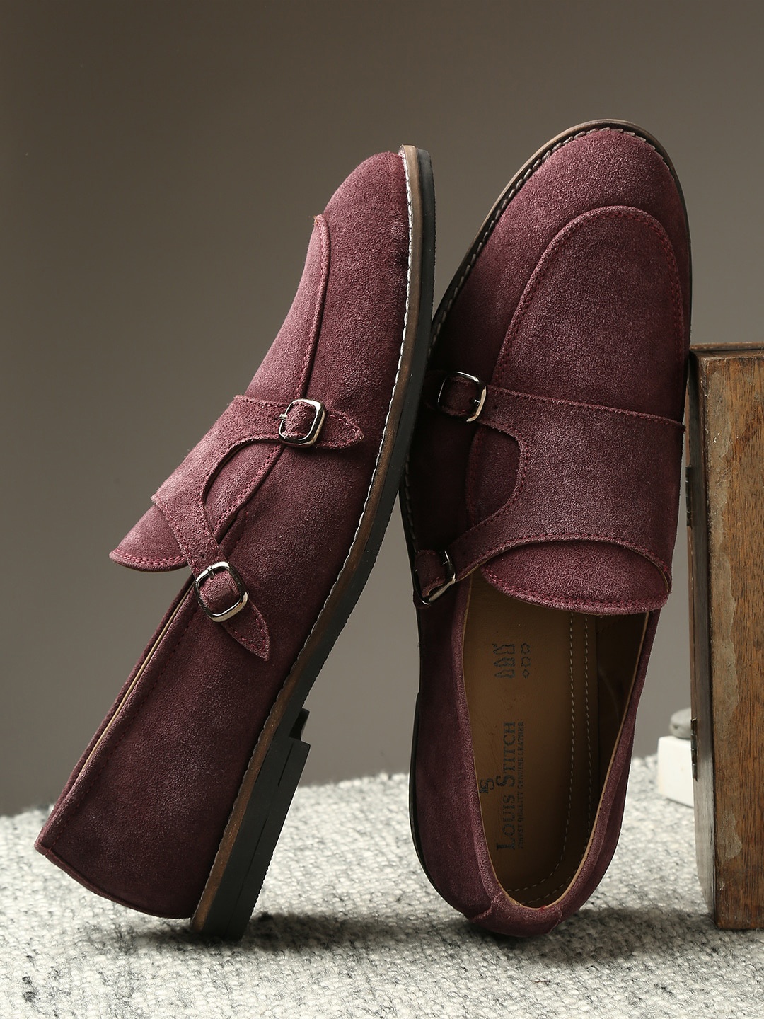 

LOUIS STITCH Men Burgundy Italian Suede Leather Formal Monk Shoes
