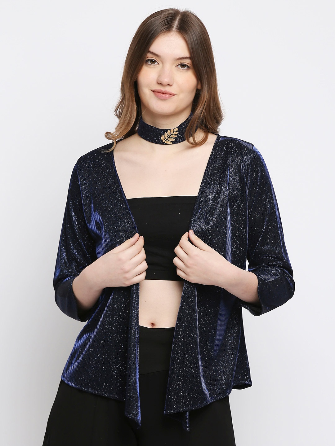 

Ira Soleil Women Blue Colourblocked Party Embellished Shrug