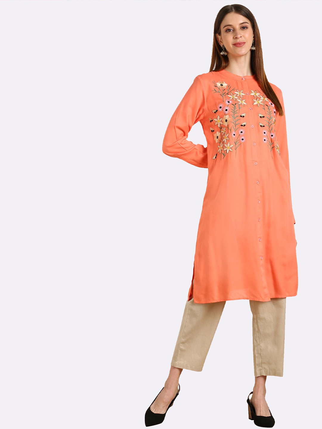 

shashvi Peach-Coloured & Peach-Coloured Botanical Embroidered Thread Work Thread Work Kurti