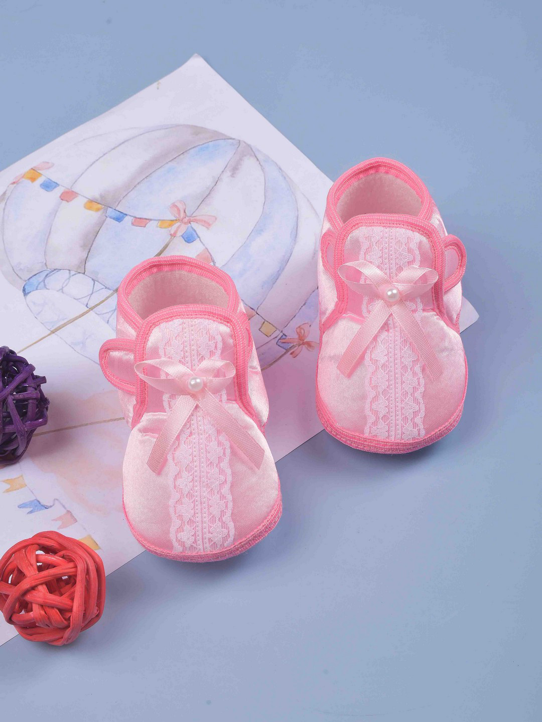 

POPLINS Unisex Infant Kids Pink Solid Lace & Bow Cotton Booties