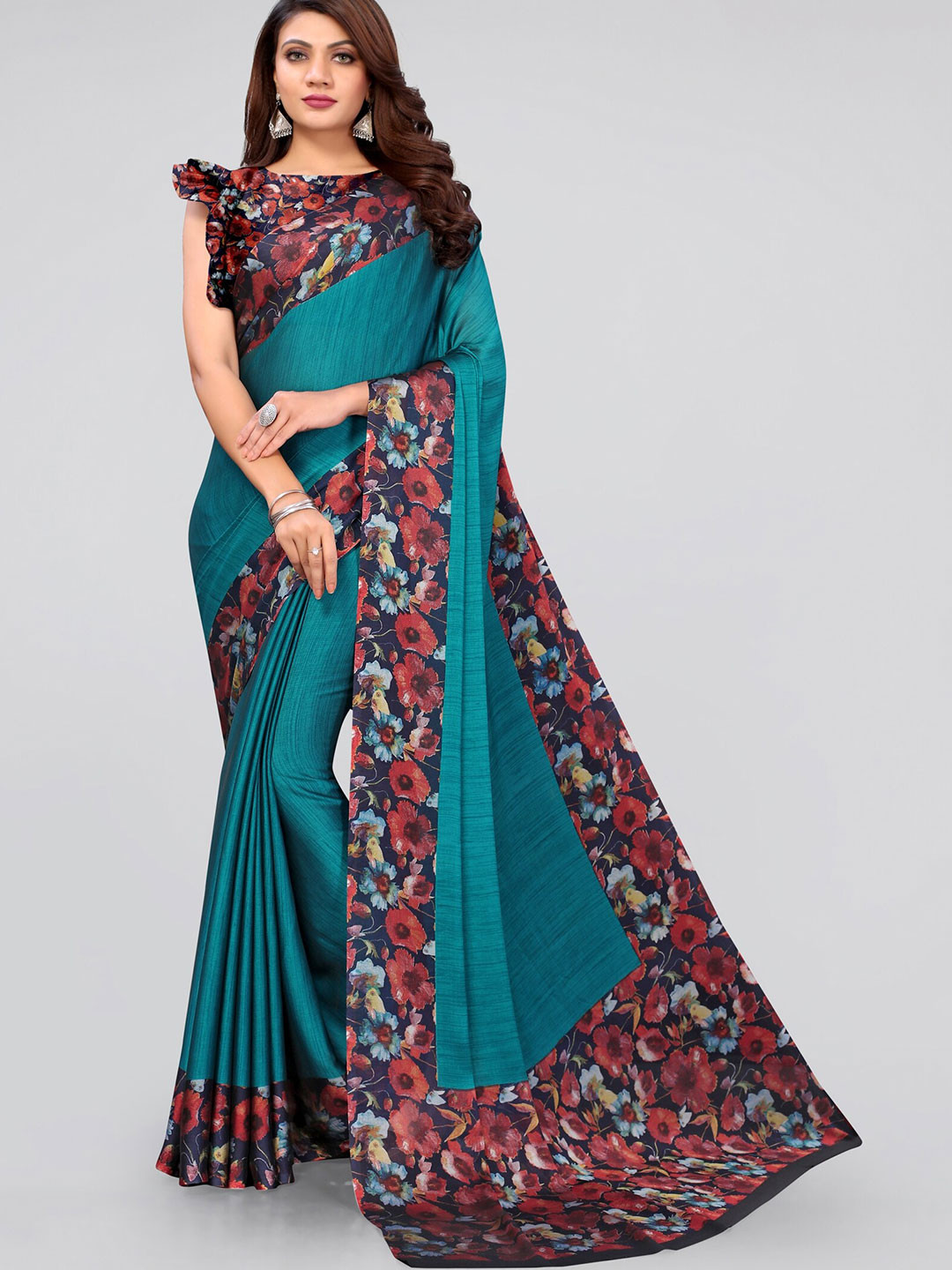 

MIRCHI FASHION Turquoise Blue & Red Saree
