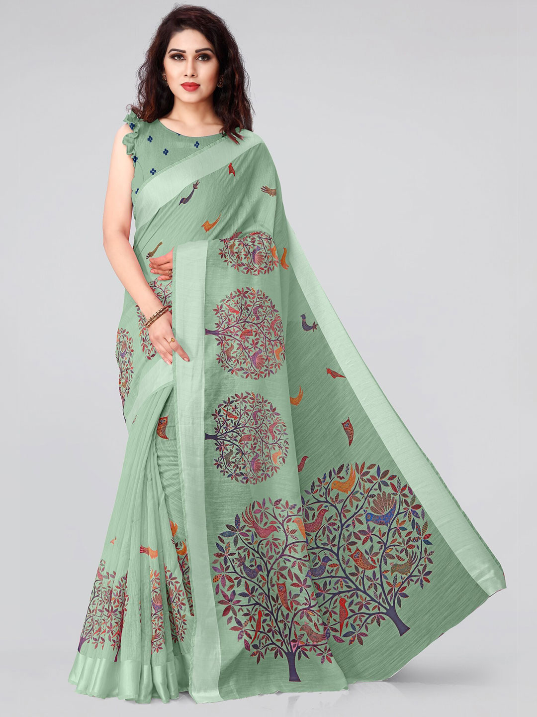 

KALINI Green & Pink Ethnic Motifs Saree