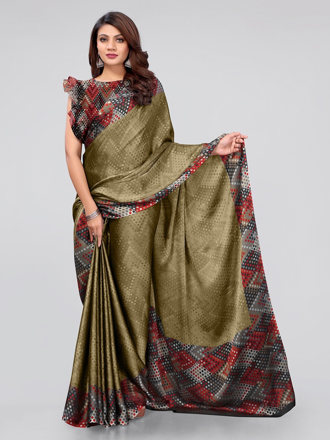 

KALINI Khaki & Red Saree