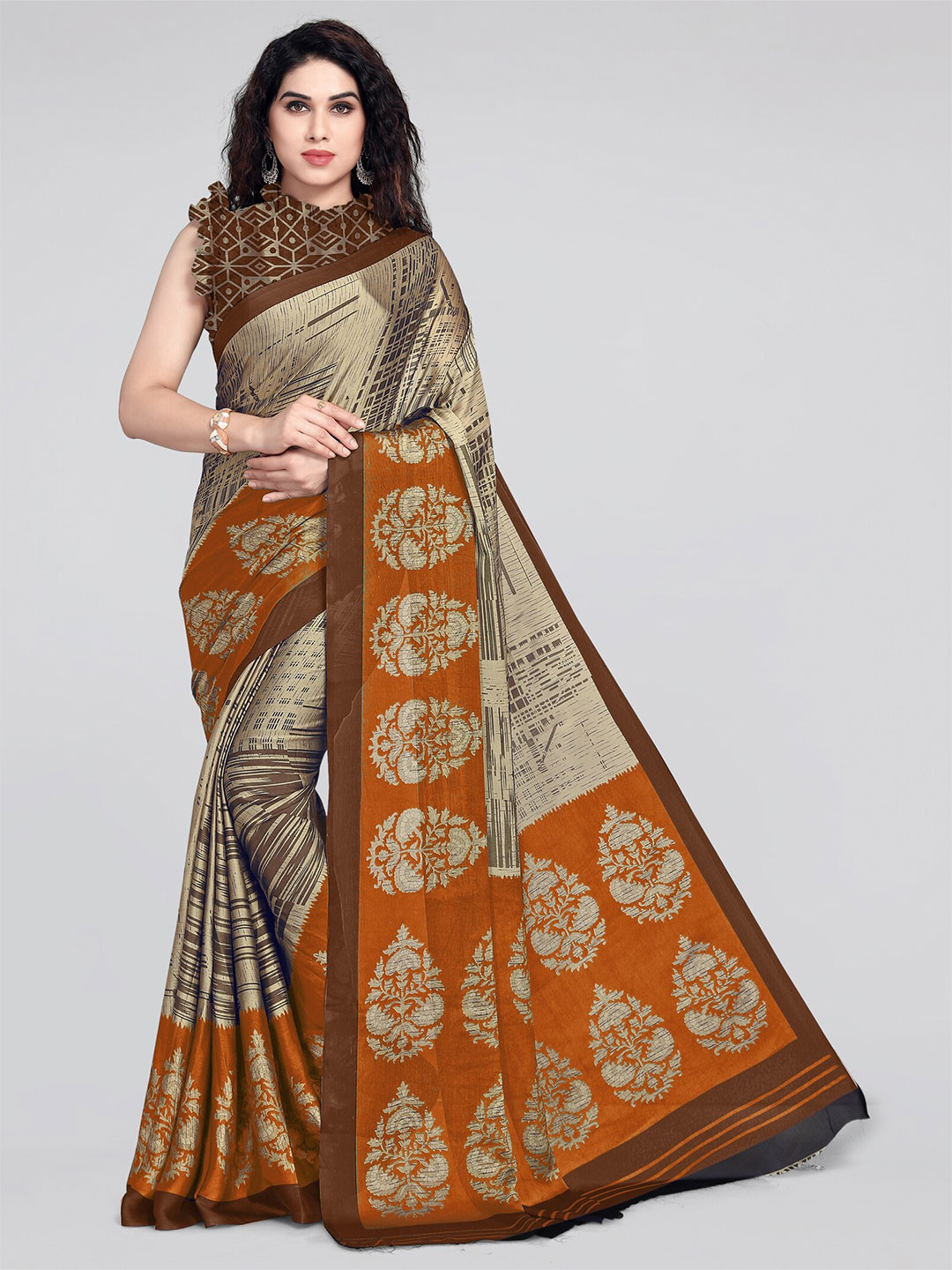 

MIRCHI FASHION Orange & Beige Block Print Saree