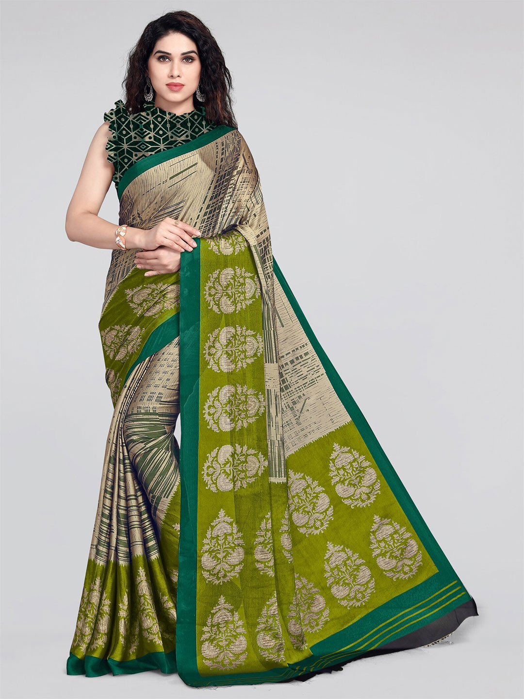 

KALINI Olive Green & Beige Block Print Saree