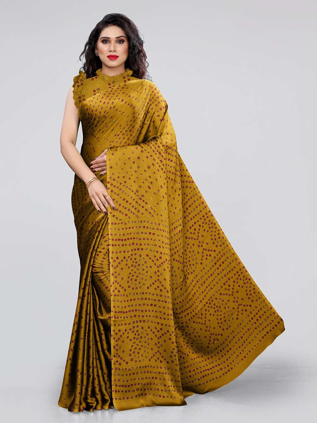 

MIRCHI FASHION Mustard & Red Bandhani Saree