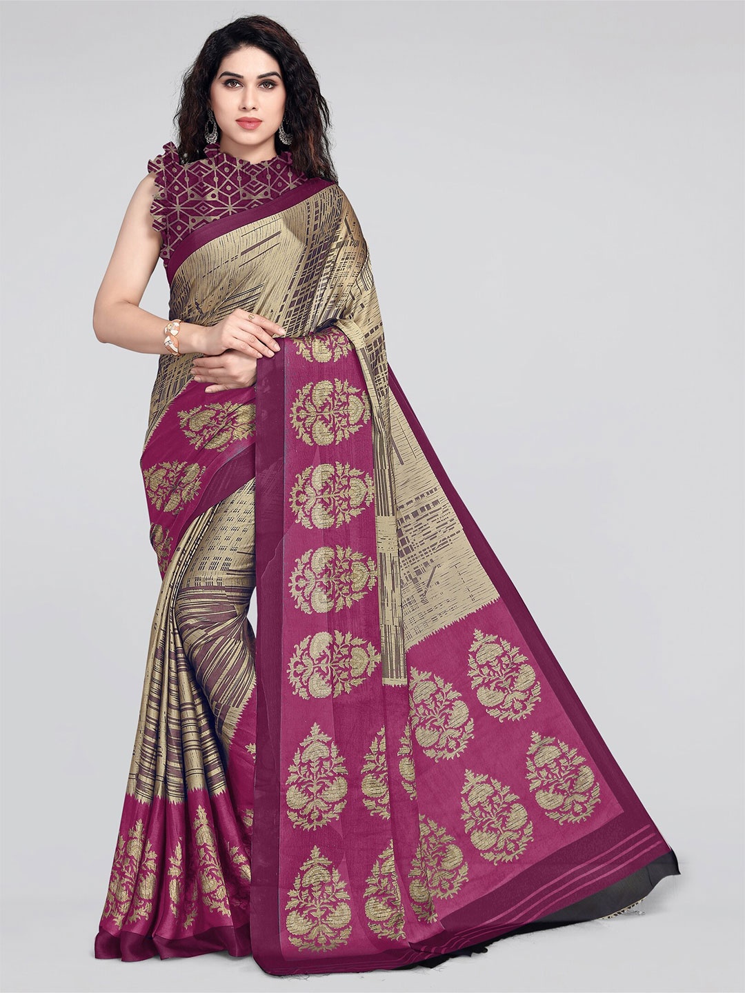 

MIRCHI FASHION Pink & Beige Block Print Saree