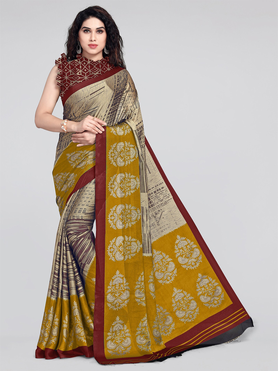 

KALINI Mustard & Beige Block Print Saree