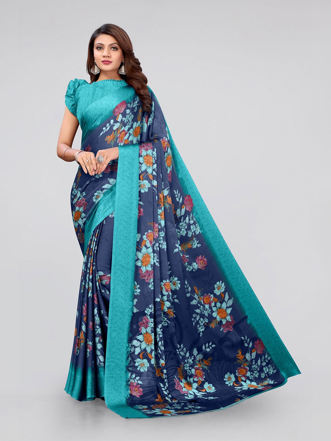 

MIRCHI FASHION Navy Blue & Orange Floral Saree