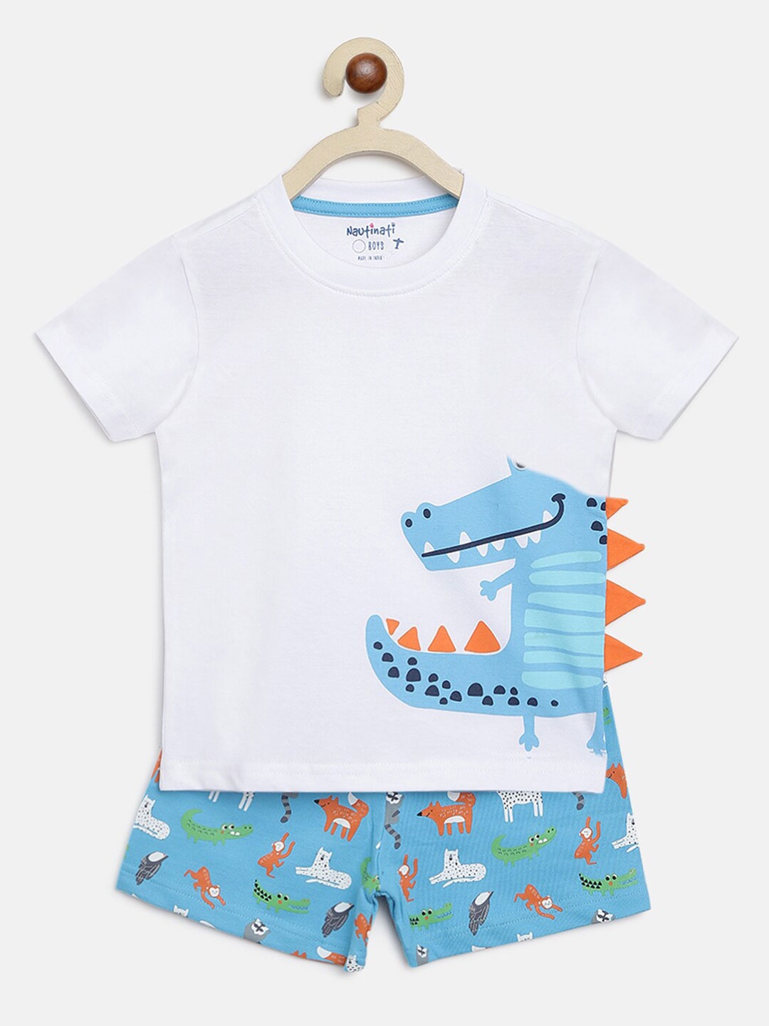 

Nauti Nati Boys White & Blue Printed T-shirt with Shorts