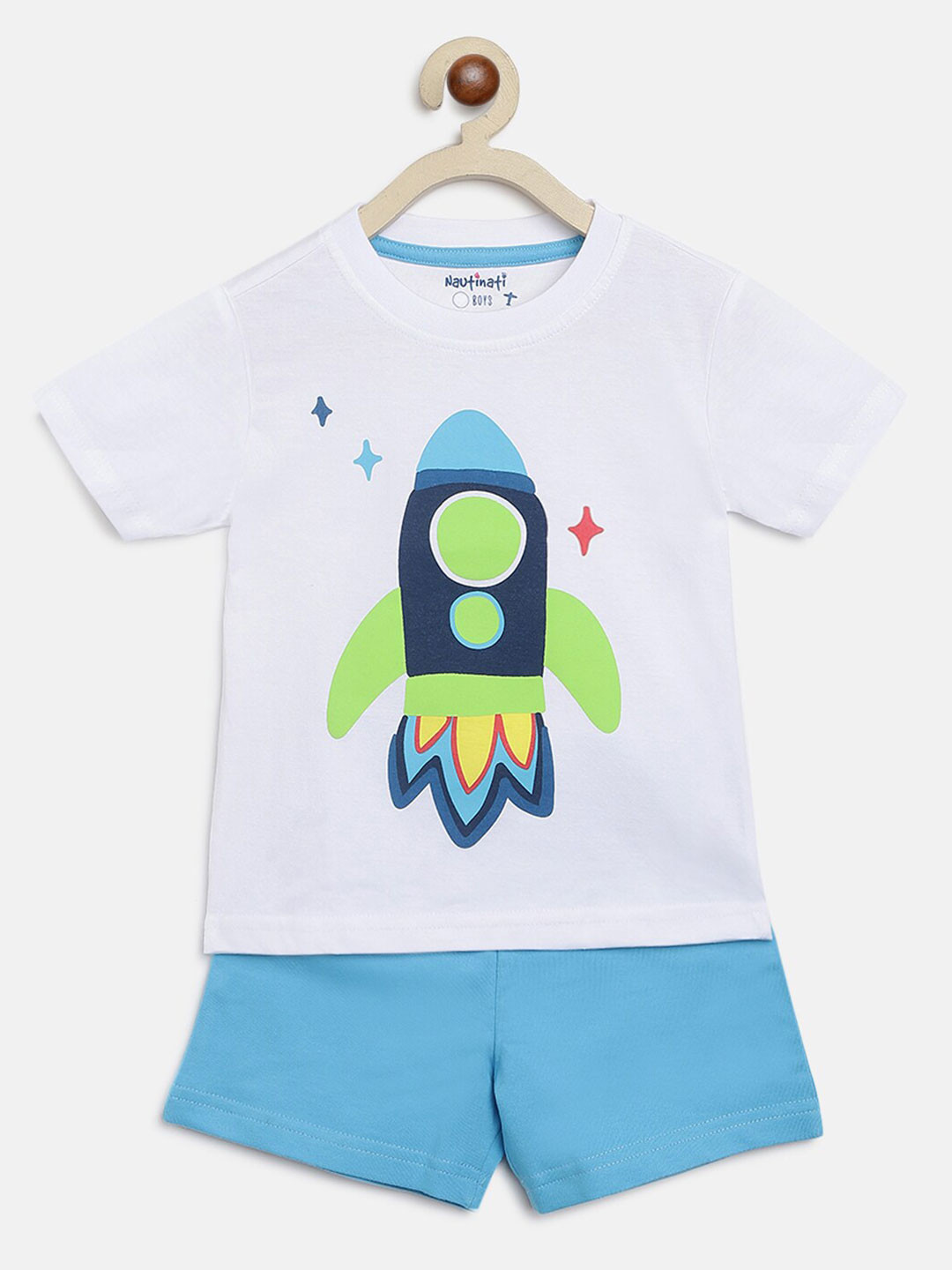 

Nauti Nati Boys White & Blue Printed T-shirt with Shorts