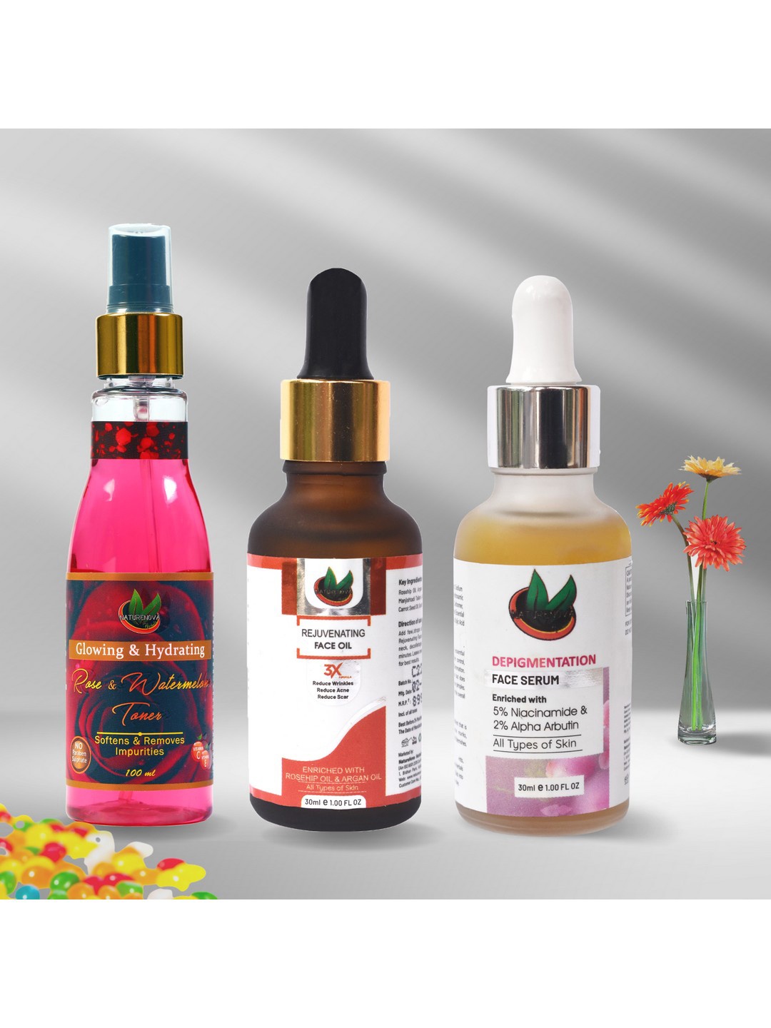 

NatureNova Herbals Face Serum 30 ml + Face Oil 30 ml + Face Toner 100 ml, Pink
