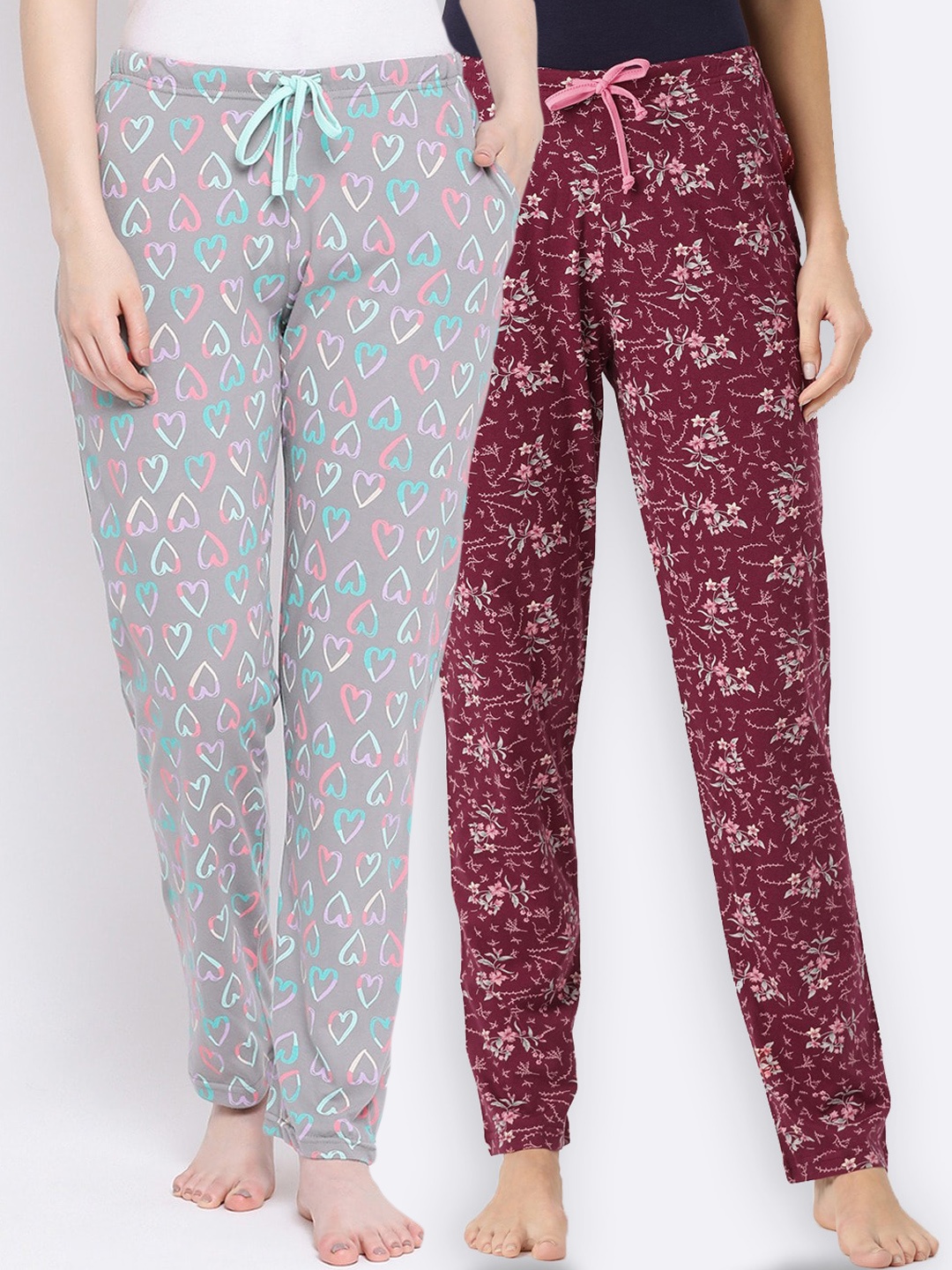 

Kanvin Women Pack Of 2 Printed Pure Cotton Lounge Pants, Maroon