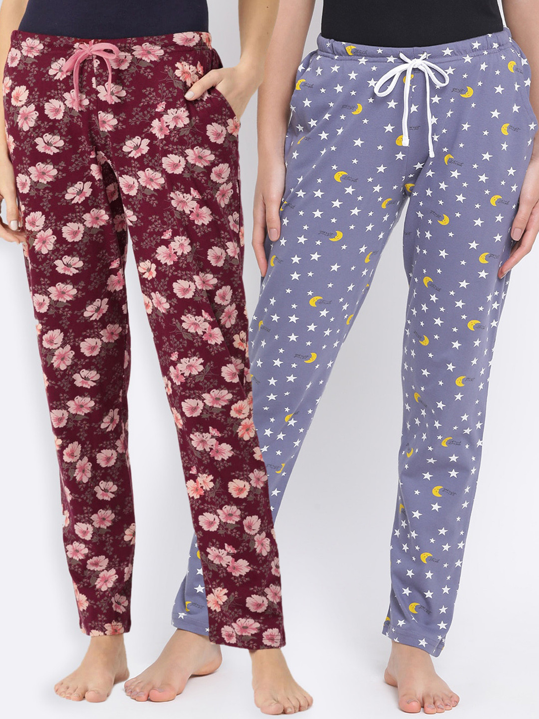 

Kanvin Women Pack Of 2 Printed Pure Cotton Lounge Pants, Maroon