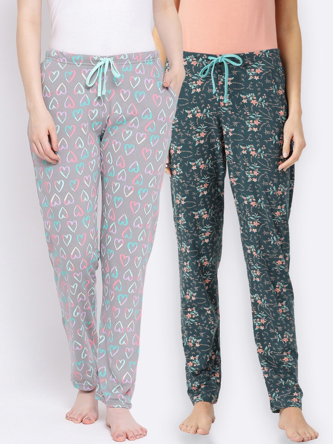 

Kanvin Women Pack of 2 Green & Grey Printed Cotton Lounge Pants