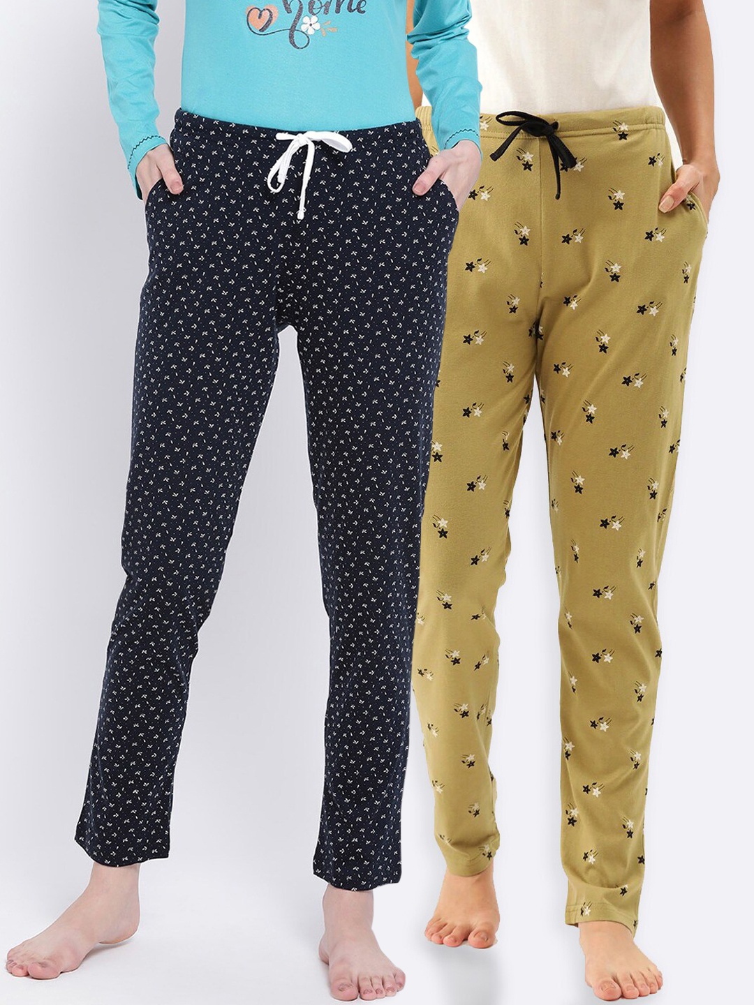 

Kanvin Women Pack Of 2 Printed Pure Cotton Lounge Pants, Green