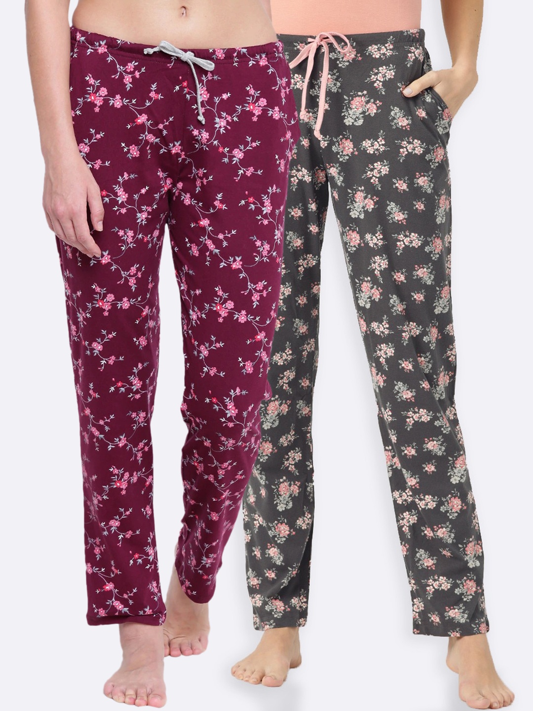 

Kanvin Women Pack Of 2 Printed Pure Cotton Lounge Pants, Maroon