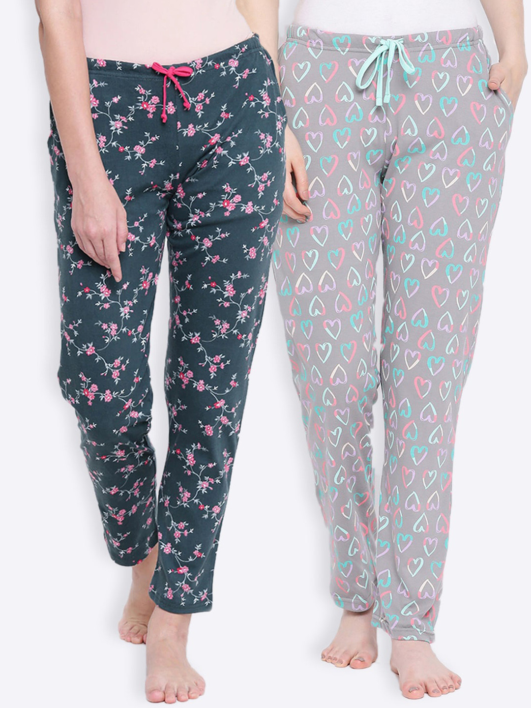 

Kanvin Women Pack of 2 Green & Grey Printed Cotton Lounge Pants