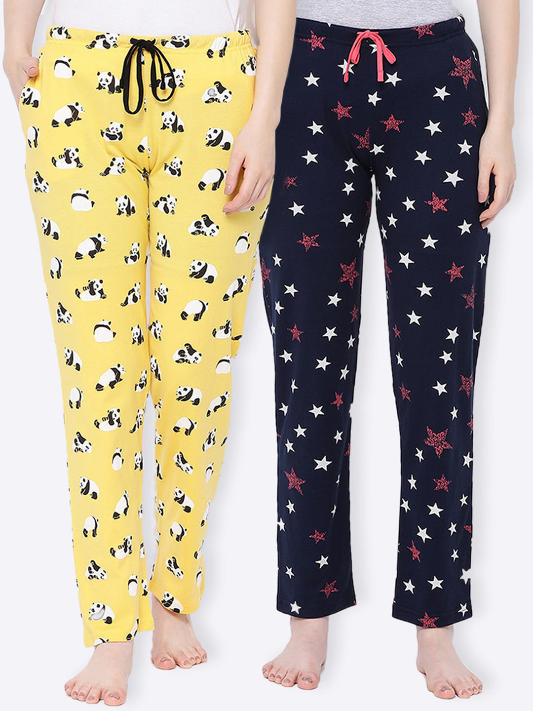 

Kanvin Women Pack Of 2 Printed Pure Cotton Lounge Pants, Yellow