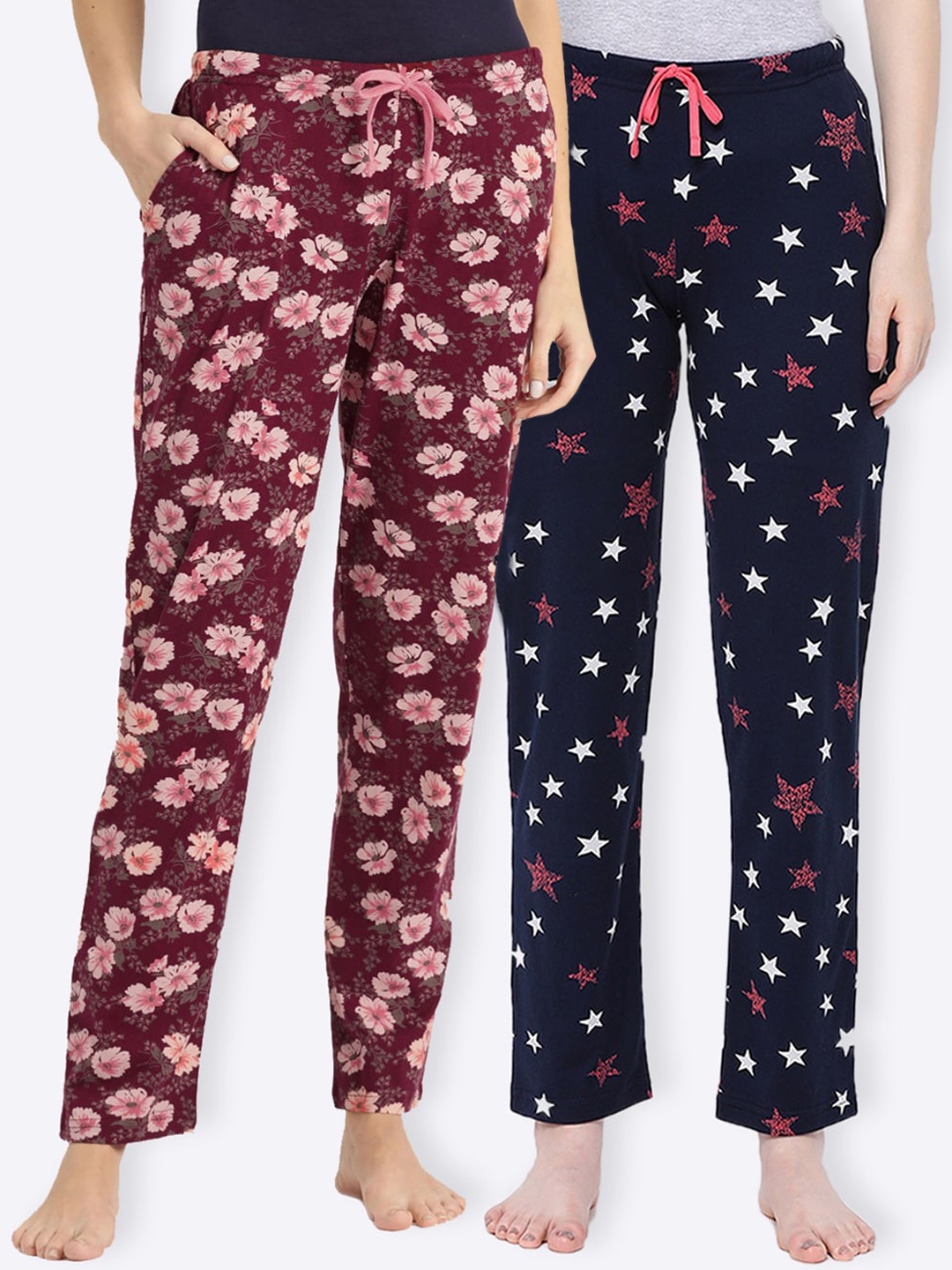 

Kanvin Women Pack Of 2 Printed Pure Cotton Lounge Pants, Maroon