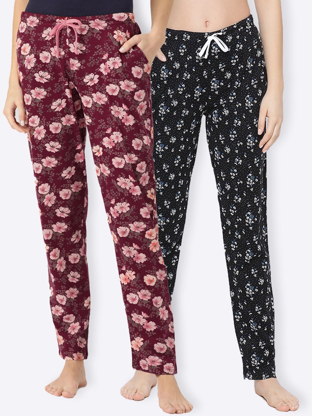 

Kanvin Women Pack of 2 Black & Maroon Printed Cotton Lounge Pants