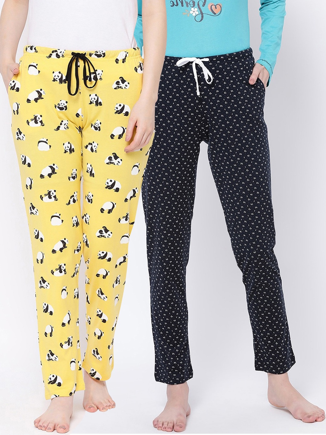 

Kanvin Women Pack Of 2 Printed Pure Cotton Lounge Pants, Yellow
