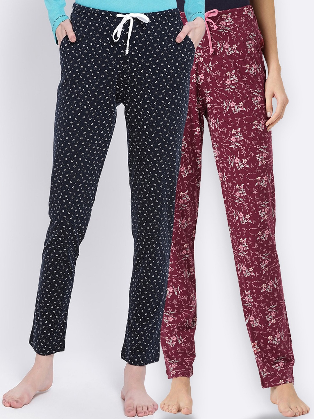

Kanvin Women Pack of 2 Navy Blue & Maroon Printed Cotton Lounge Pants