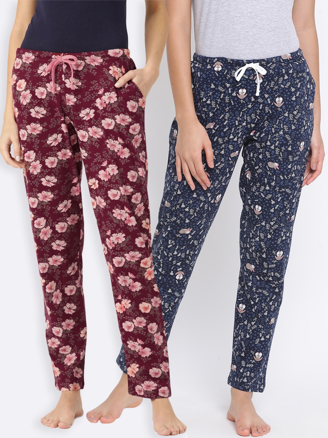 

Kanvin Women Pack Of 2 Printed Pure Cotton Lounge Pants, Maroon