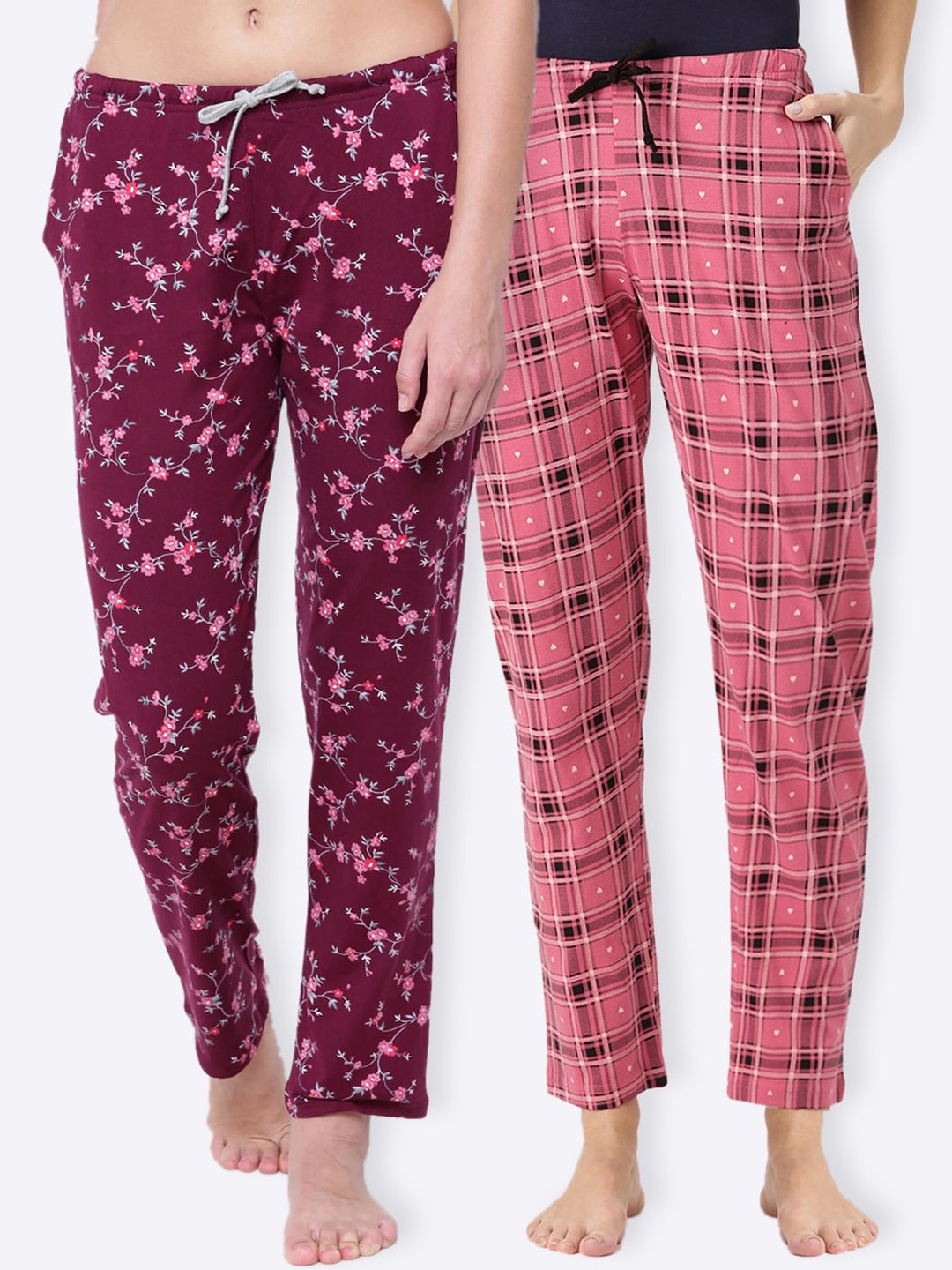 

Kanvin Women Pack Of 2 Printed Pure Cotton Lounge Pants, Maroon