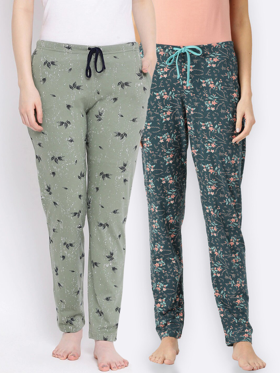 

Kanvin Women Pack Of 2 Printed Pure Cotton Lounge Pants, Green