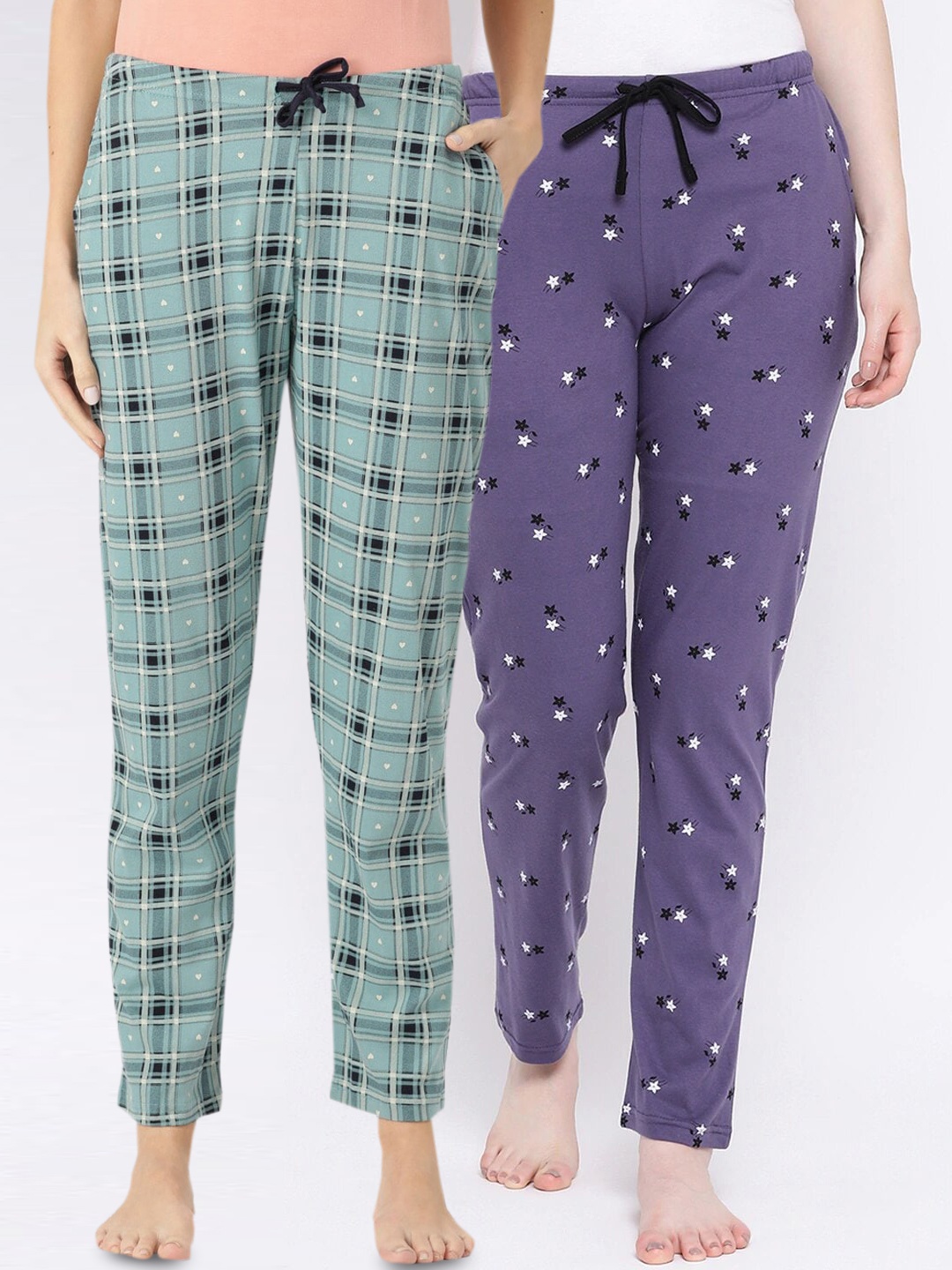 

Kanvin Women Pack of 2 Blue & Purple Printed Cotton Lounge Pants