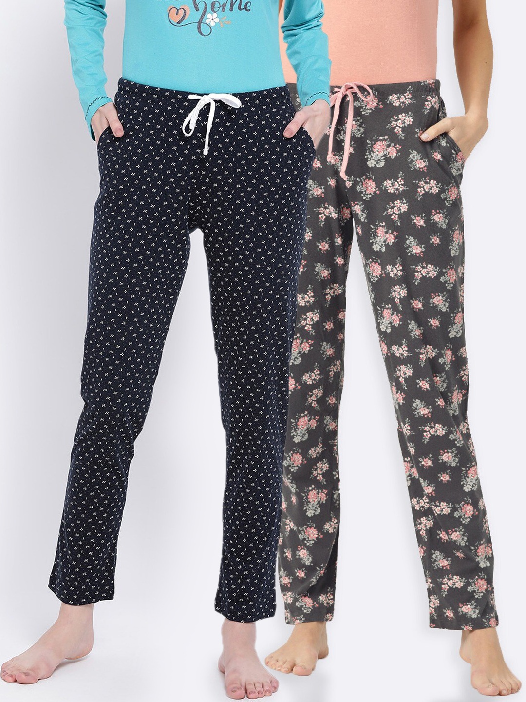 

Kanvin Women Pack of 2 Charcoal & Black Printed Cotton Lounge Pants
