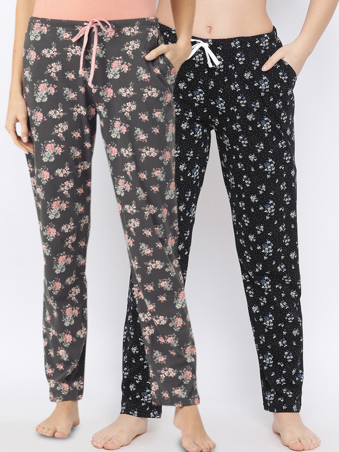 

Kanvin Women Pack Of 2 Printed Pure Cotton Lounge Pants, Charcoal