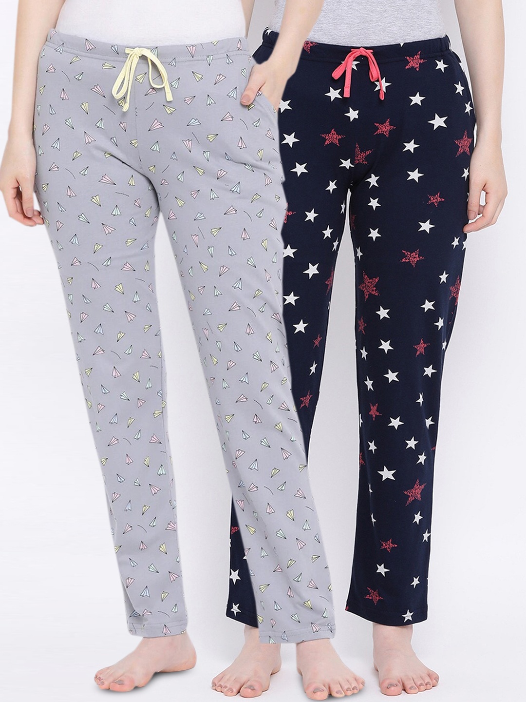 

Kanvin Women Pack Of 2 Printed Pure Cotton Lounge Pants, Grey