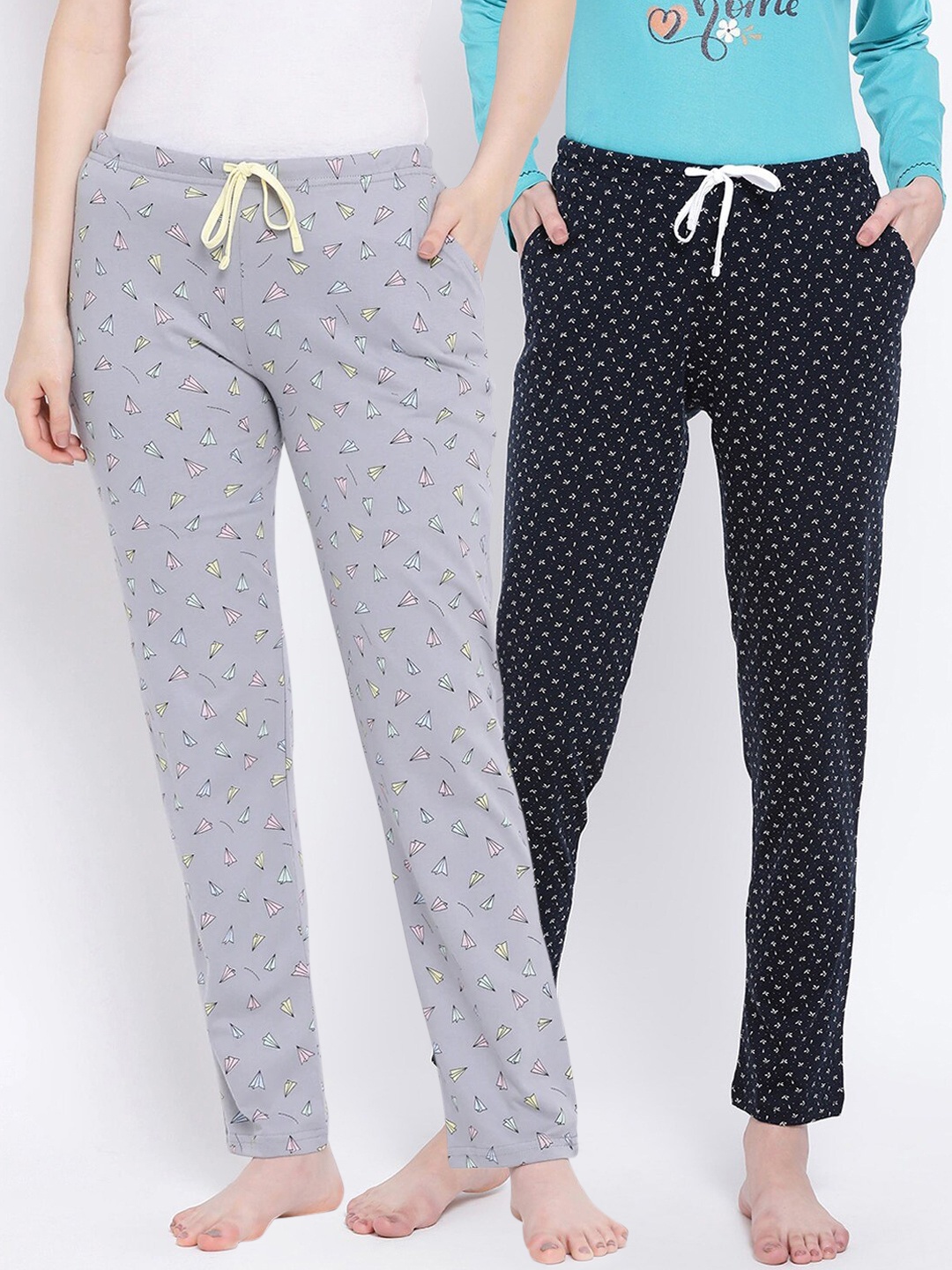 

Kanvin Women Pack Of 2 Printed Pure Cotton Lounge Pants, Grey