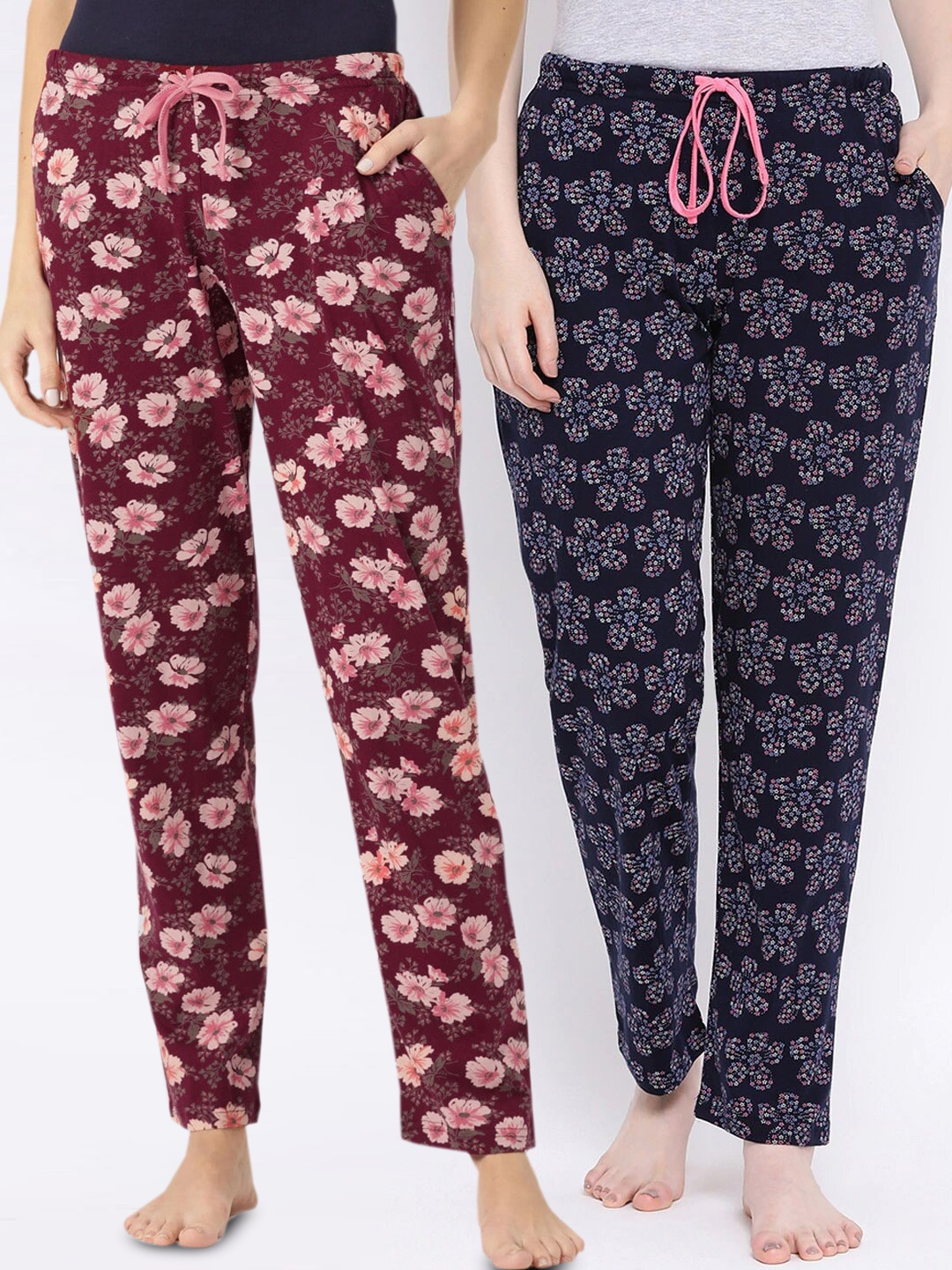 

Kanvin Women Pack Of 2 Printed Pure Cotton Lounge Pants, Maroon