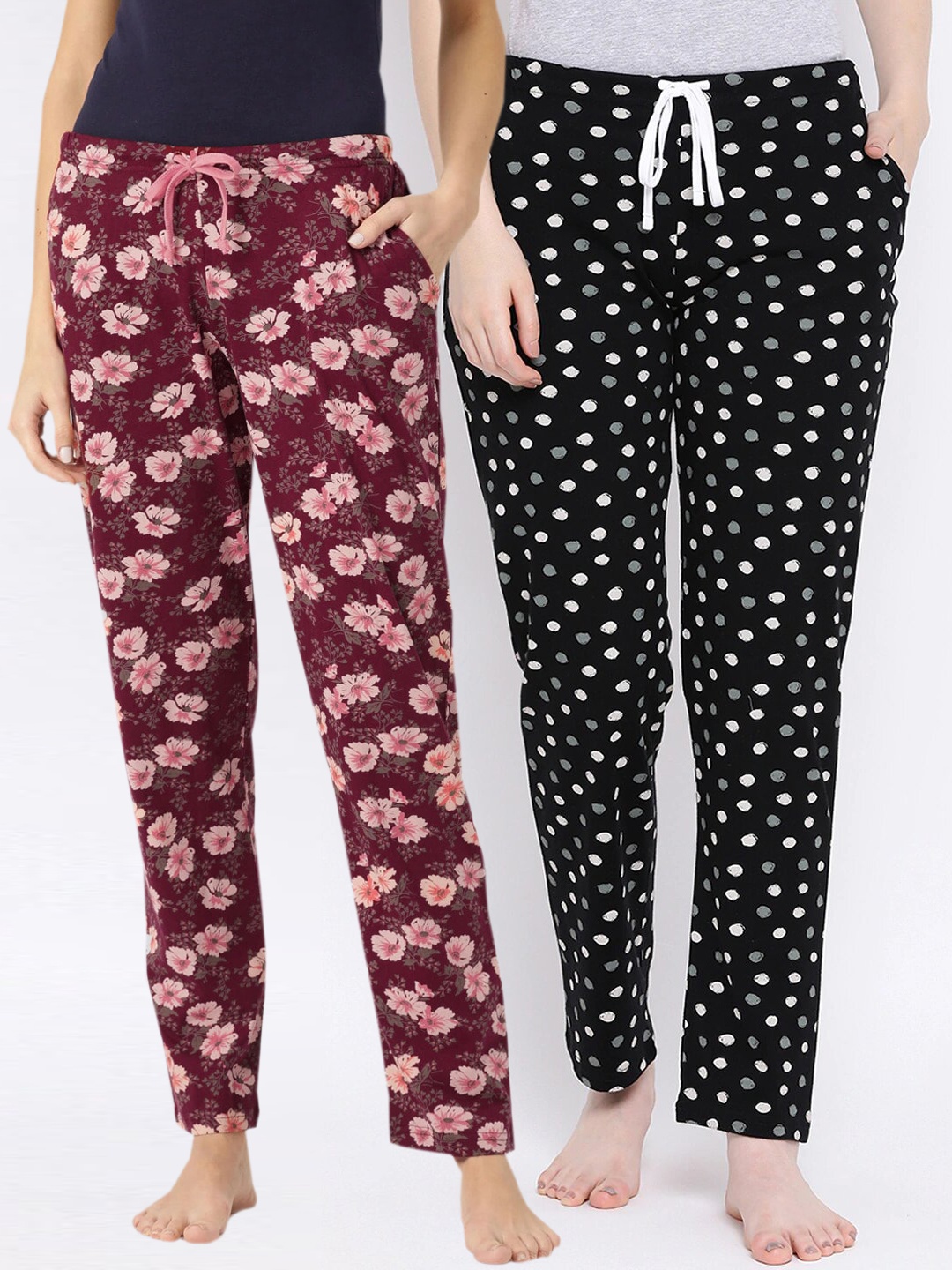 

Kanvin Women Pack Of 2 Printed Pure Cotton Lounge Pants, Maroon