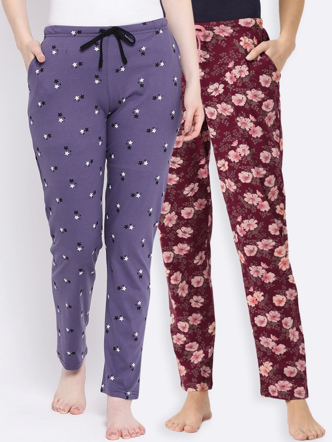 

Kanvin Women Pack Of 2 Printed Pure Cotton Lounge Pants, Maroon