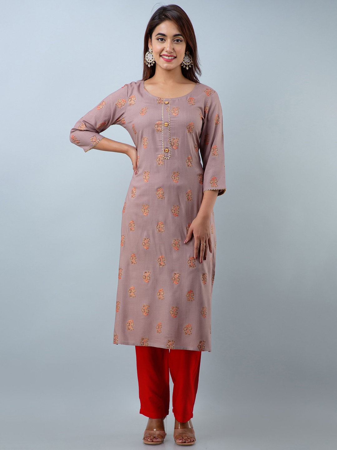 

DORIYA Women Brown Ethnic Motifs Printed Panelled Kurta with Trousers
