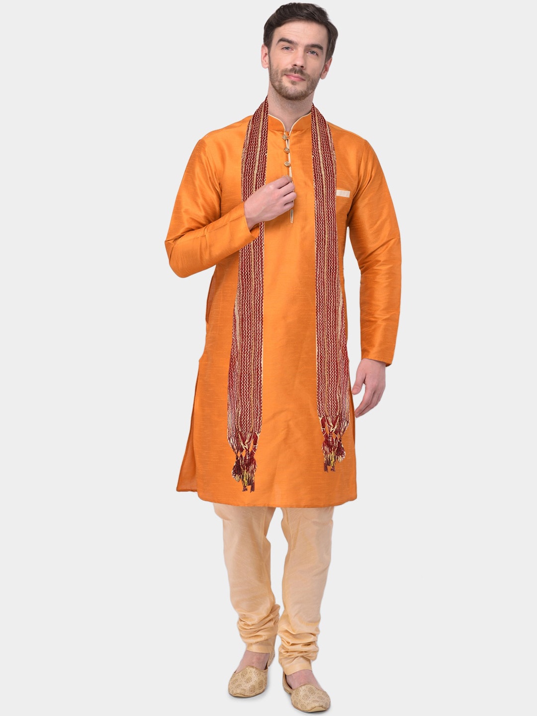 

SG LEMAN Men Rust Raw Silk Kurta with Churidar