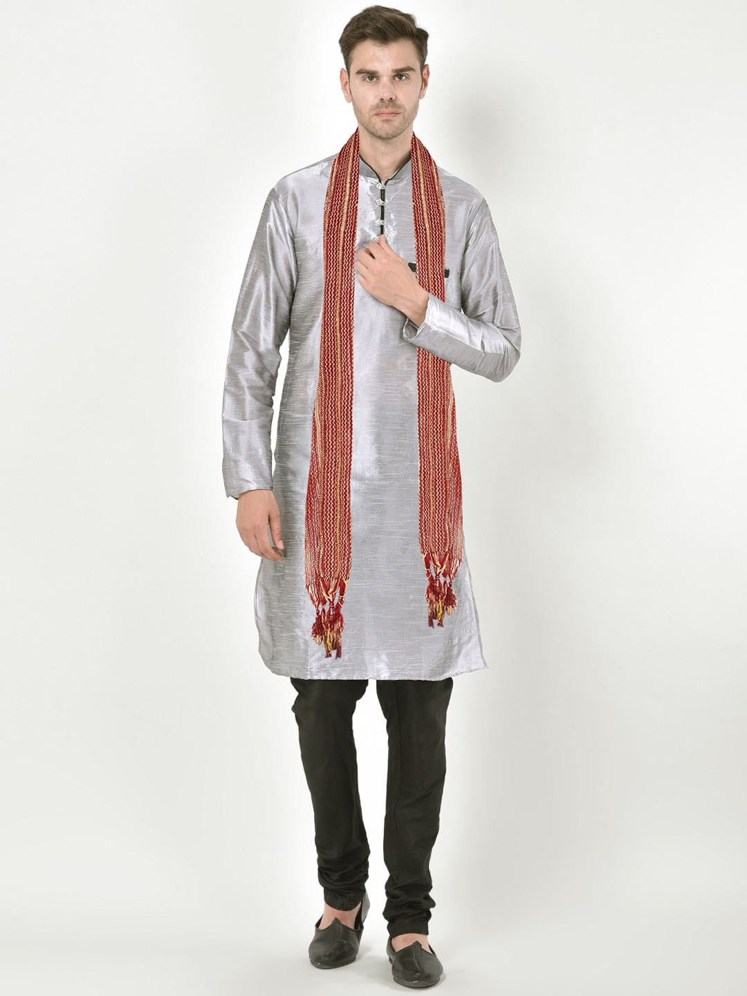 

SG LEMAN Men Silver-Toned Layered Raw Silk Kurta with Churidar & With Dupatta