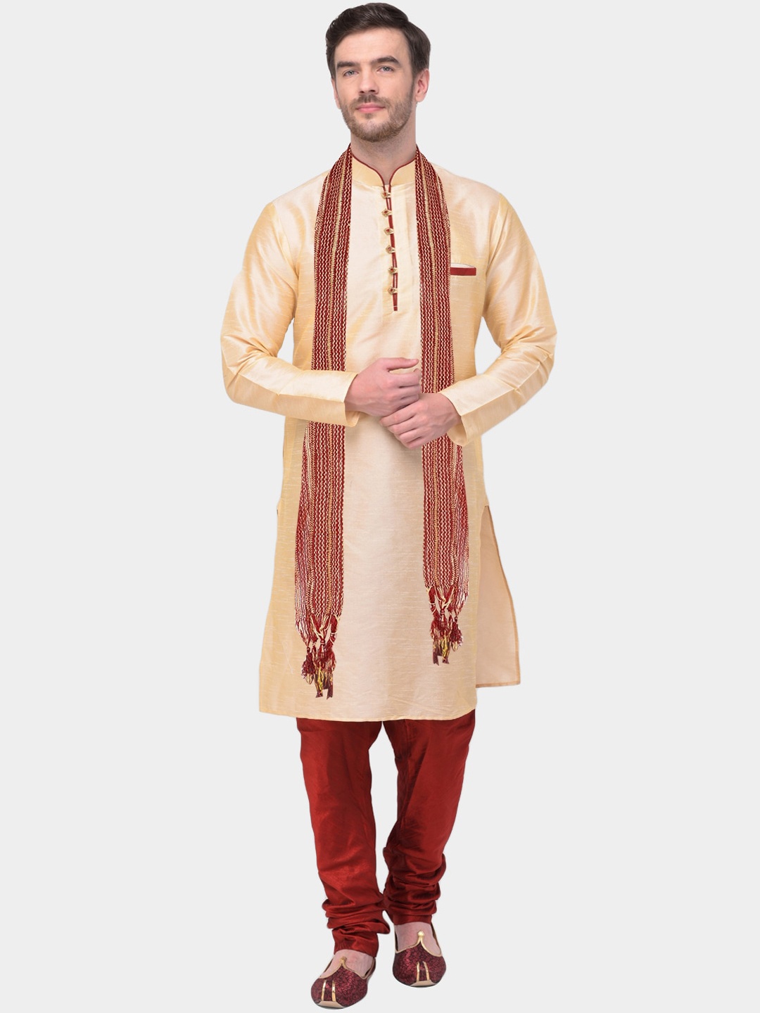 

SG LEMAN Men Beige Raw Silk Kurta with Pyjamas & With Dupatta