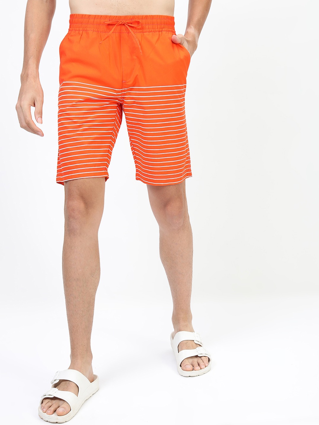 

HIGHLANDER Men Orange Striped Slim Fit Shorts