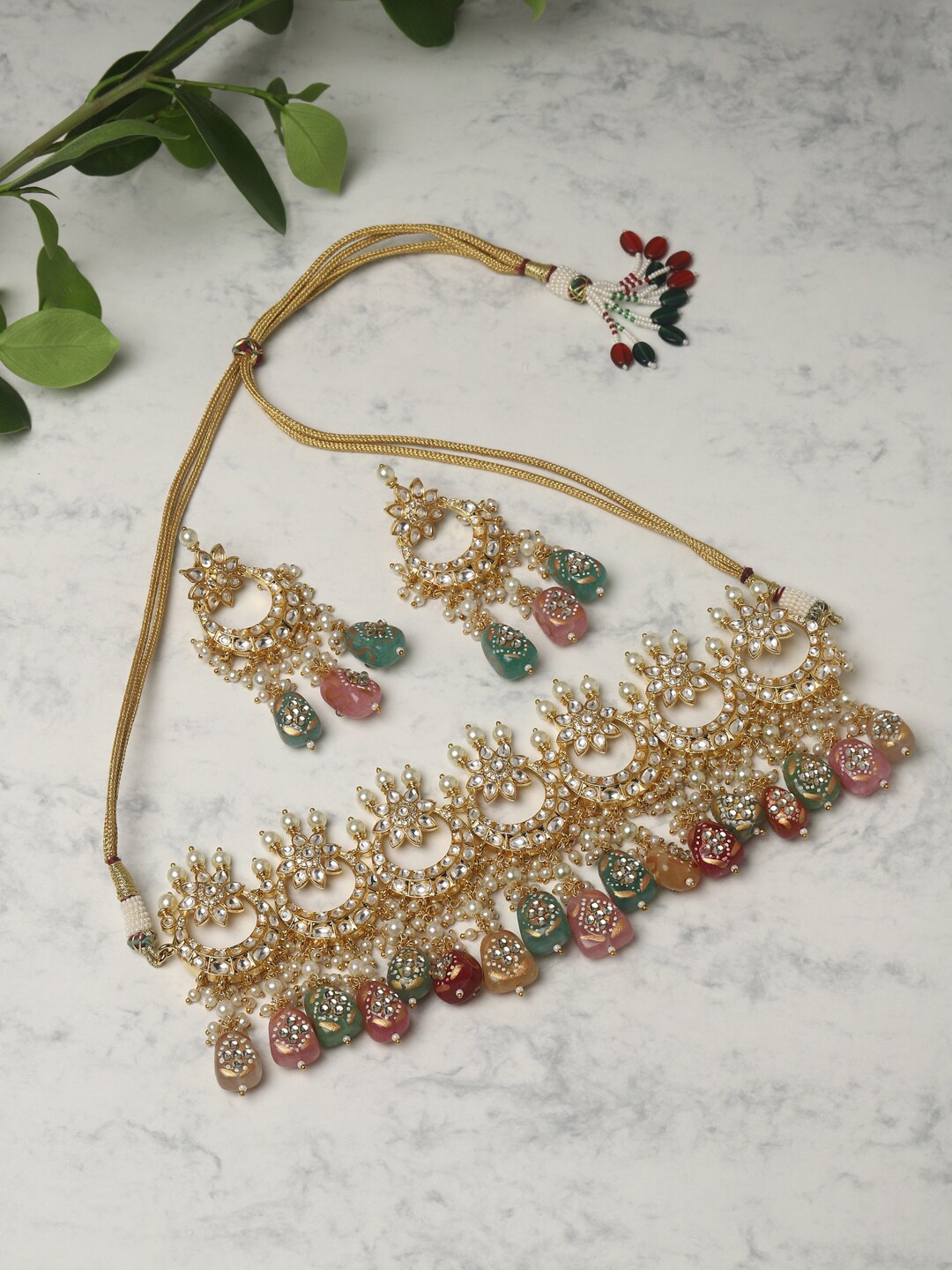 

RITU SINGH Rhodium-Plated White & Pink Kundan-Studded Jewellery Set, Silver