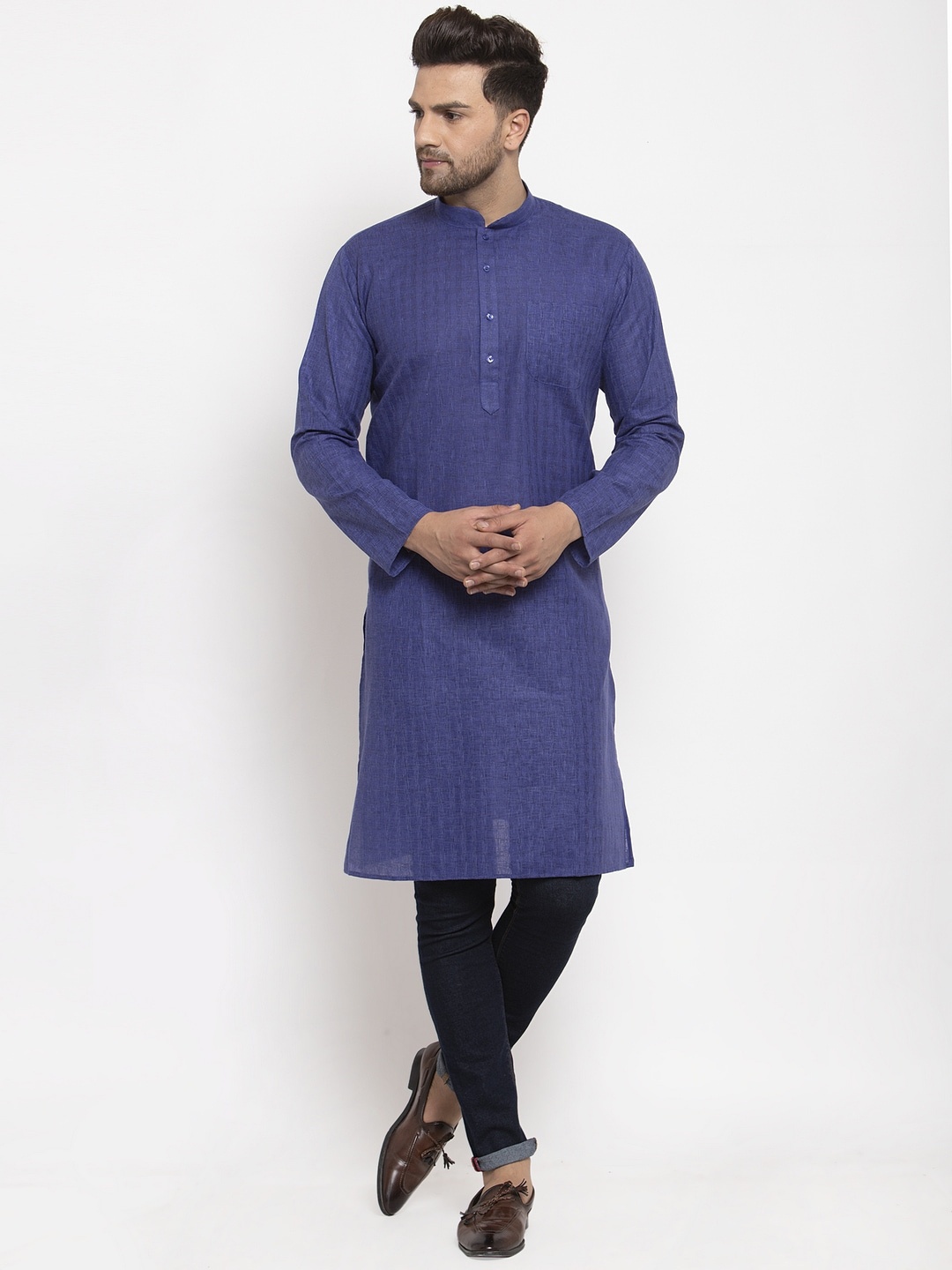

KRAFT INDIA Men Navy Blue Checked Straight Kurta